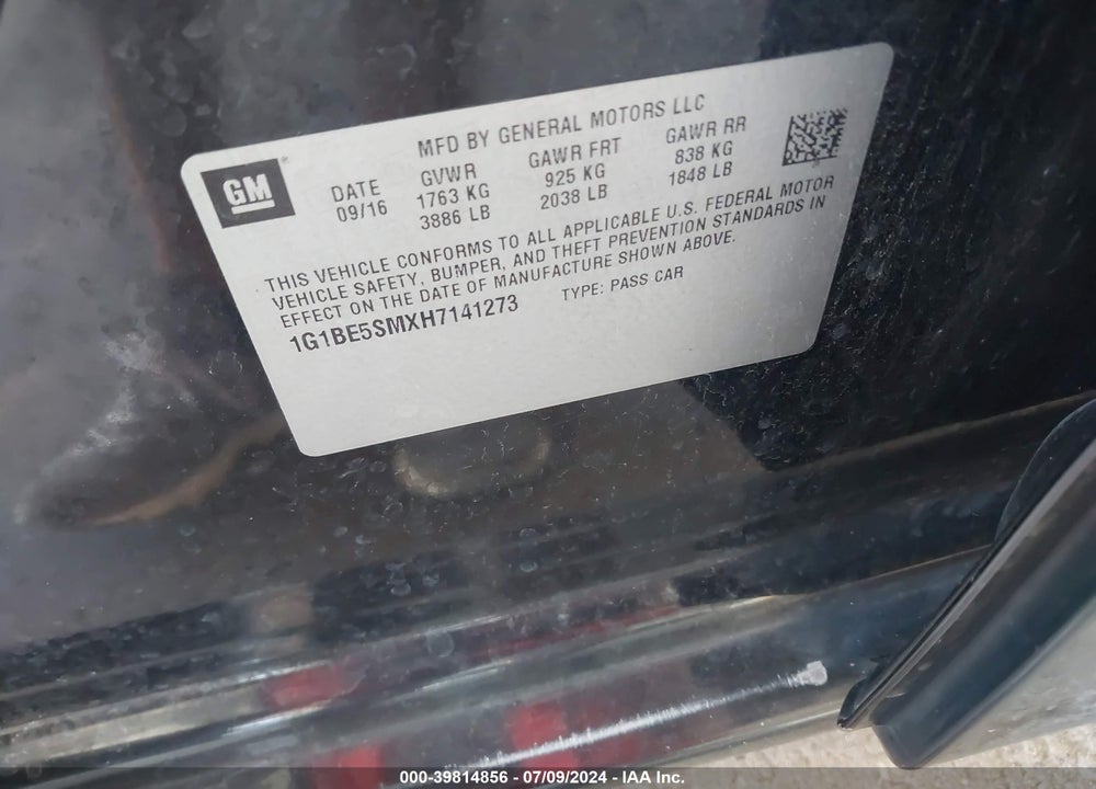 2017 CHEVROLET CRUZE LT AUTO VIN: 1G1BE5SMXH7141273