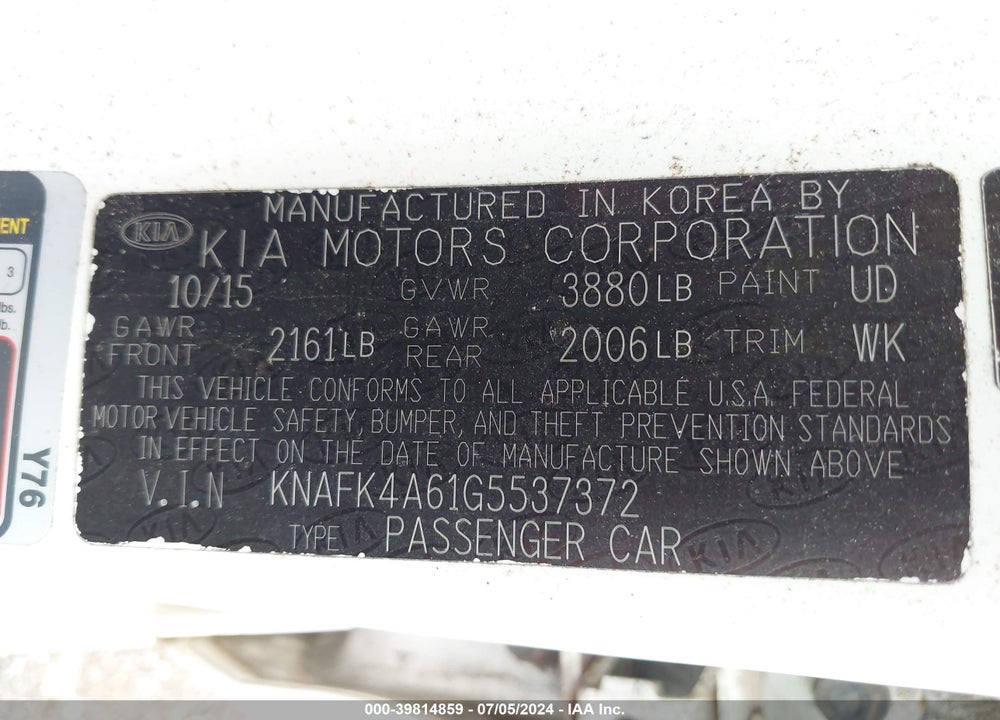 2016 KIA FORTE LX VIN: KNAFK4A61G5537372
