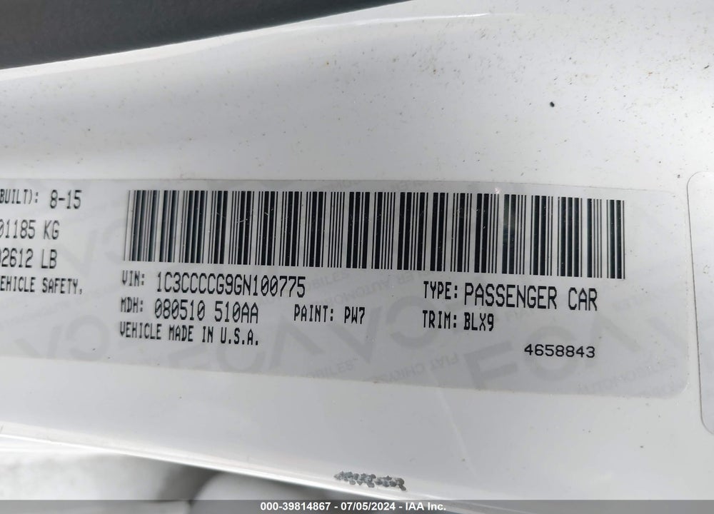 2016 CHRYSLER 200 C VIN: 1C3CCCCG9GN100775