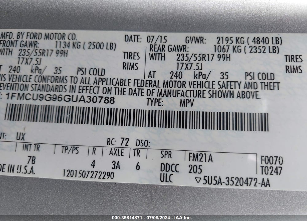 2016 FORD ESCAPE SE VIN: 1FMCU9G96GUA30788