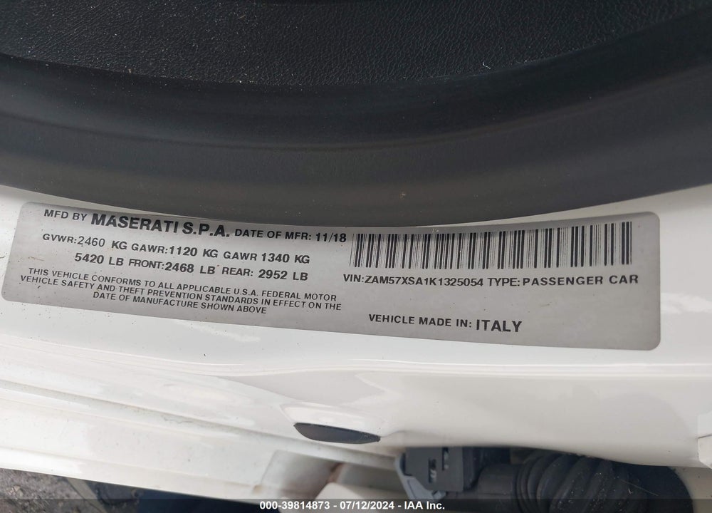 2019 MASERATI GHIBLI VIN: ZAM57XSA1K1325054