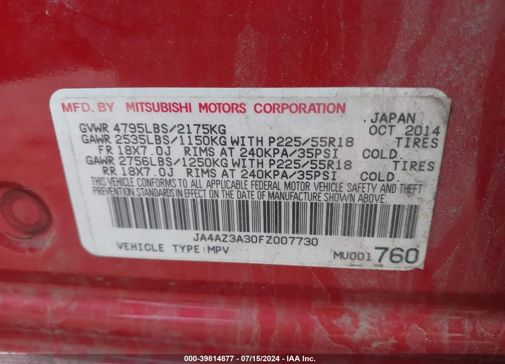 2015 MITSUBISHI OUTLANDER SE VIN: JA4AZ3A30FZ007730