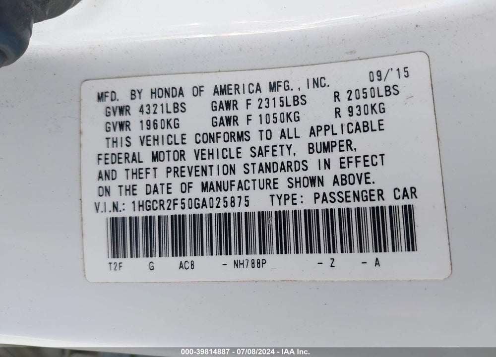 2016 HONDA ACCORD SPORT VIN: 1HGCR2F50GA025875