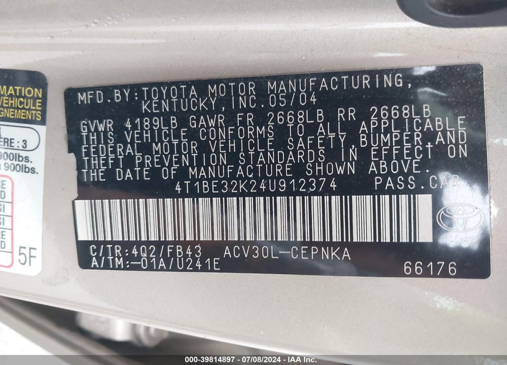 2004 TOYOTA CAMRY LE VIN: 4T1BE32K24U912374