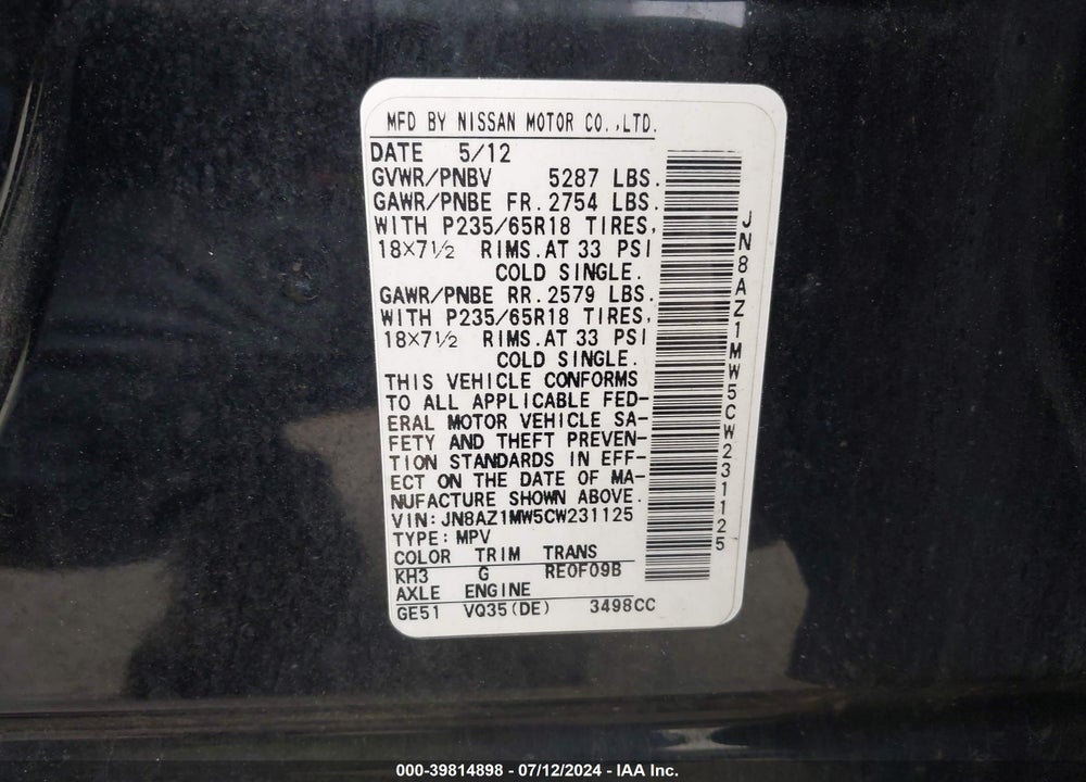 2012 NISSAN MURANO VIN: JN8AZ1MW5CW231125