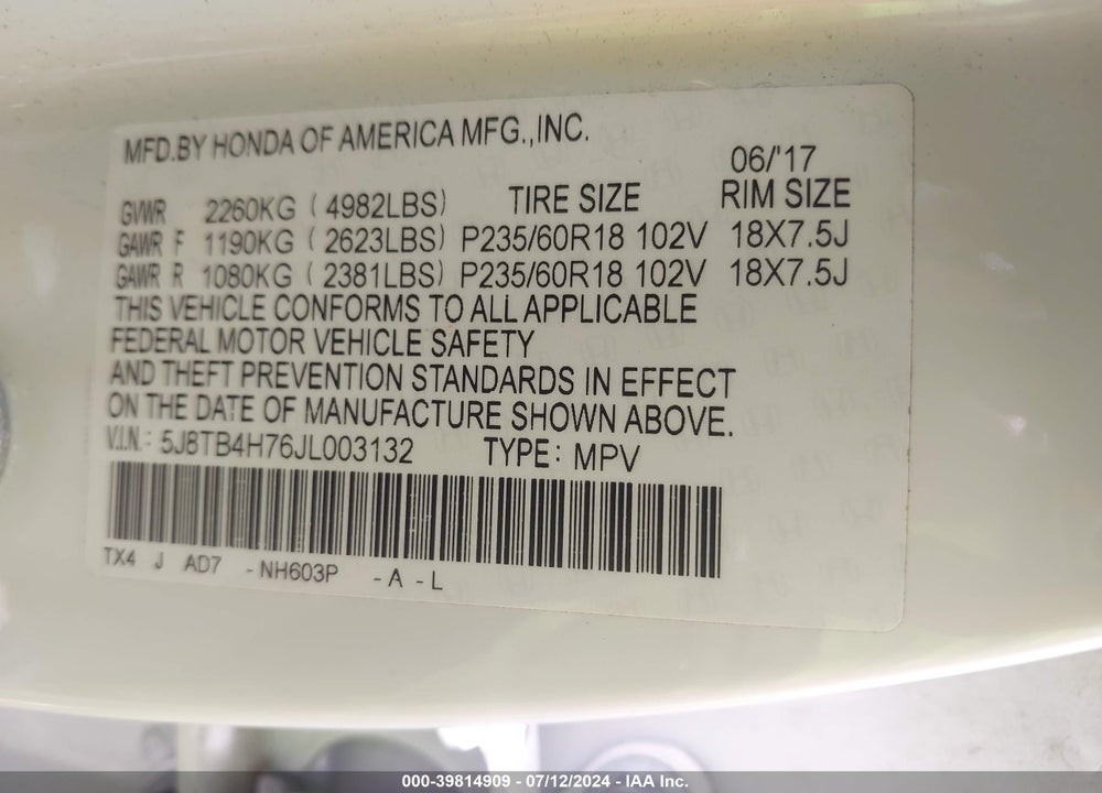 2018 ACURA RDX ADVANCE PACKAGE VIN: 5J8TB4H76JL003132