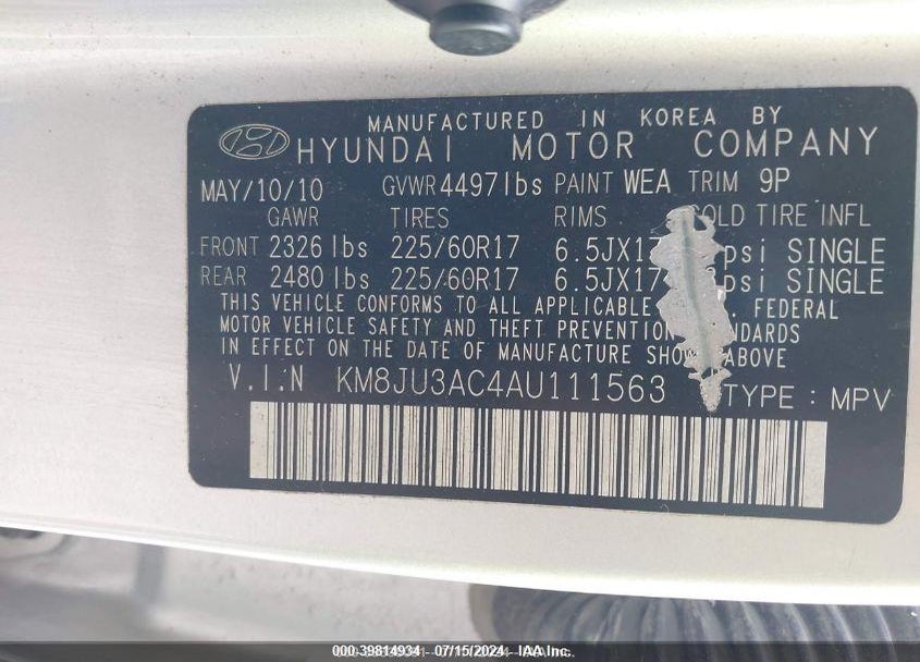 2010 HYUNDAI TUCSON GLS VIN: KM8JU3AC4AU111563