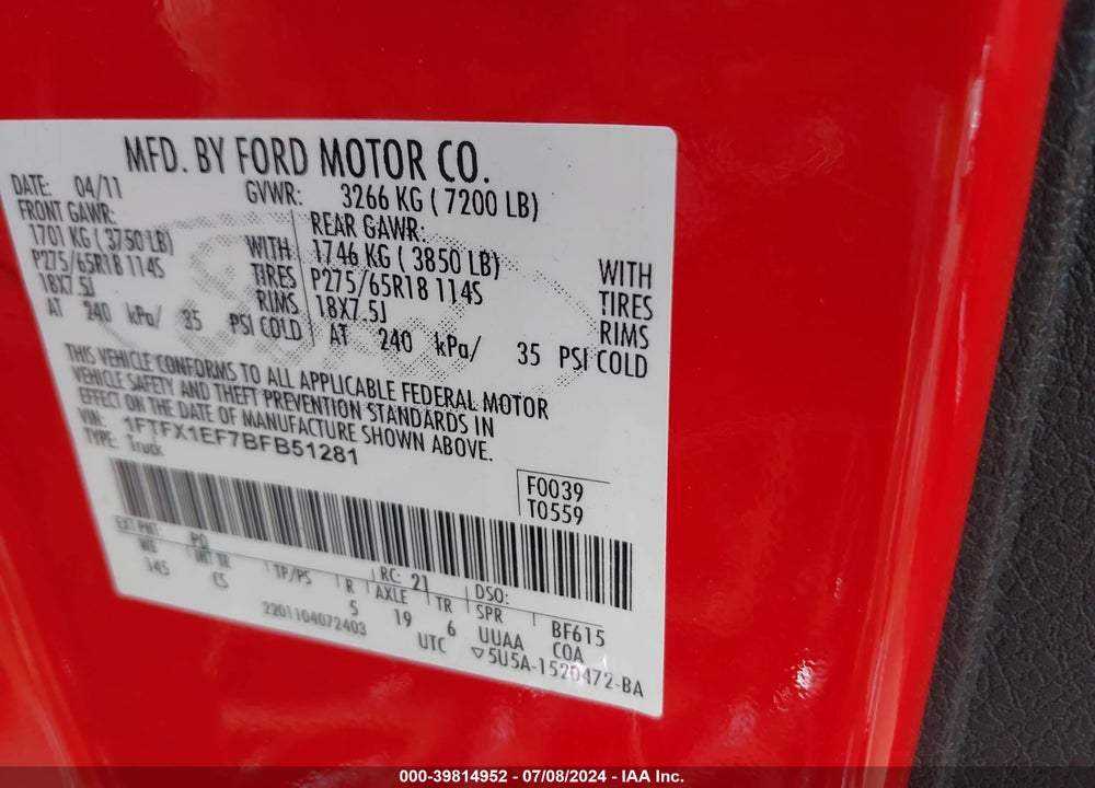 2011 FORD F-150 STX VIN: 1FTFX1EF7BFB51281
