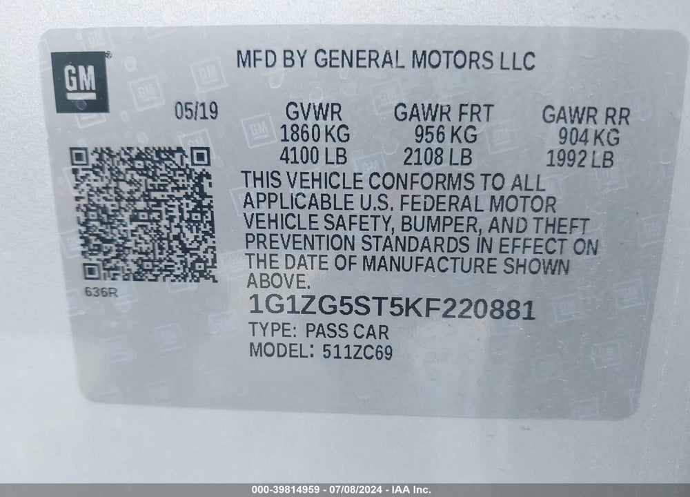 2019 CHEVROLET MALIBU RS VIN: 1G1ZG5ST5KF220881