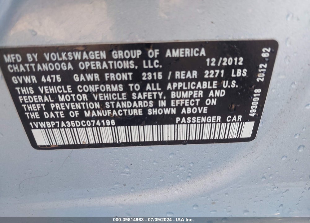 2013 VOLKSWAGEN PASSAT 2.5L SE VIN: 1VWBP7A35DC074196