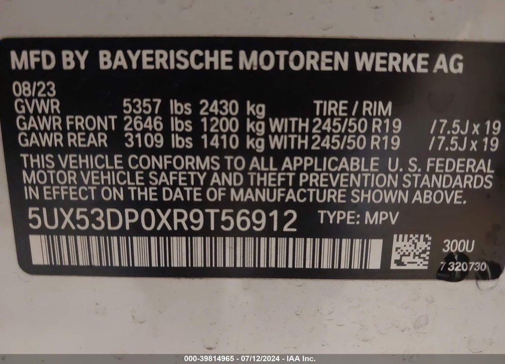 2024 BMW X3 XDRIVE30I VIN: 5UX53DP0XR9T56912