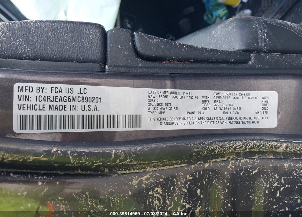 2021 JEEP GRAND CHEROKEE VIN: 1C4RJEAG6MC890201
