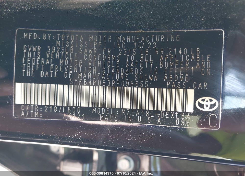 2024 TOYOTA COROLLA LE VIN: 5YFB4MDE3RP096655