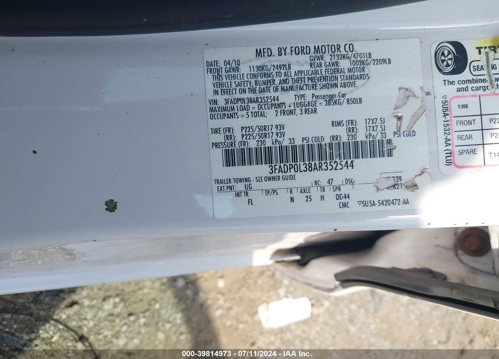 2010 FORD FUSION HYBRID VIN: 3FADP0L38AR352544
