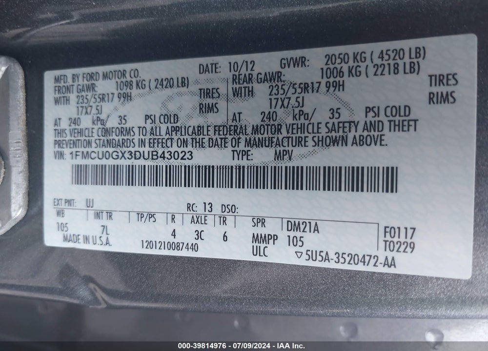 2013 FORD ESCAPE SE VIN: 1FMCU0GX3DUB43023