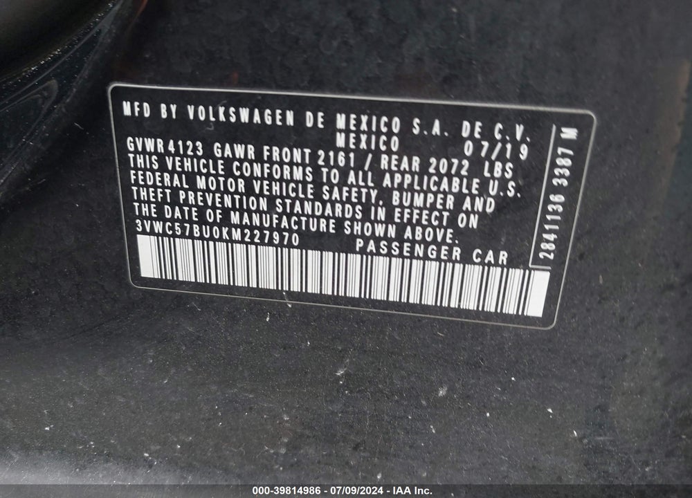 2019 VOLKSWAGEN JETTA 1.4T R-LINE/1.4T S/1.4T SE VIN: 3VWC57BU0KM227970