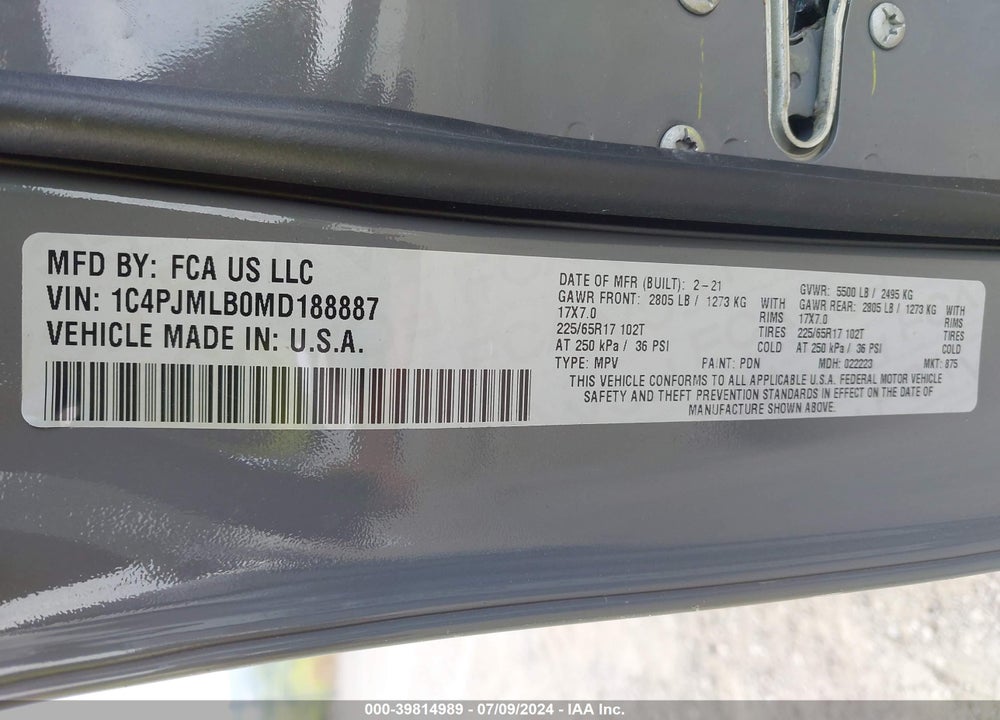 2021 JEEP CHEROKEE LATITUDE PLUS 4X4 VIN: 1C4PJMLB0MD188887