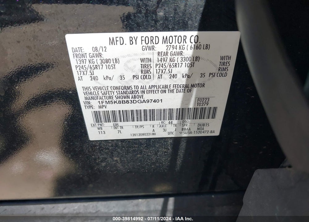 2013 FORD EXPLORER VIN: 1FM5K8B83DGA97401