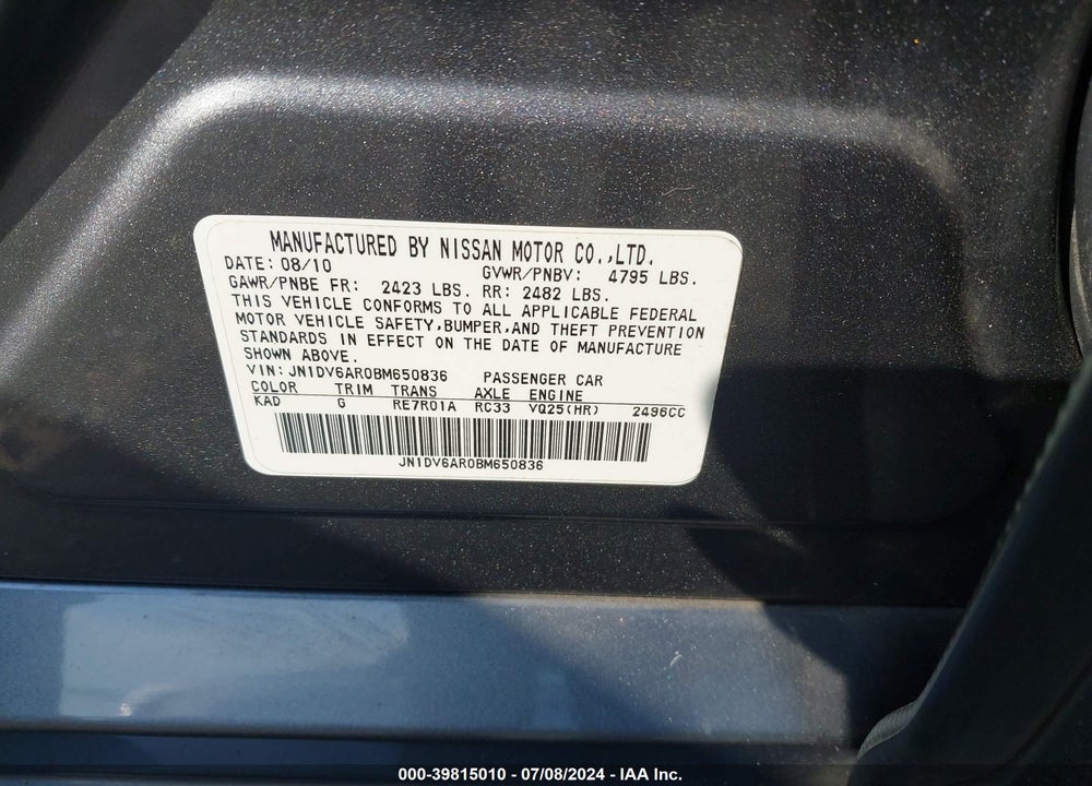 2011 INFINITI G25X VIN: JN1DV6AR0BM650836