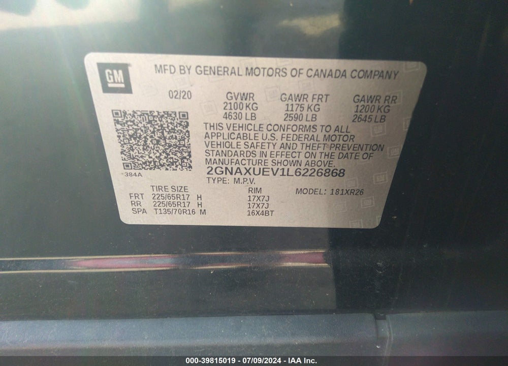 2020 CHEVROLET EQUINOX AWD LT 1.5L TURBO VIN: 2GNAXUEV1L6226868