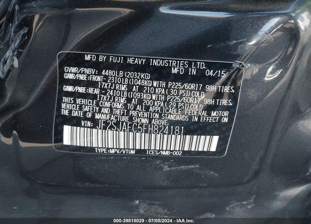 2015 SUBARU FORESTER 2.5I PREMIUM VIN: JF2SJAFC5FH824181