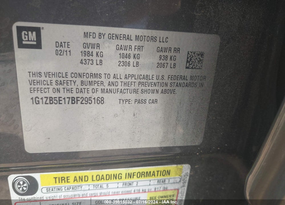 2011 CHEVROLET MALIBU LS VIN: 1G1ZB5E17BF295168