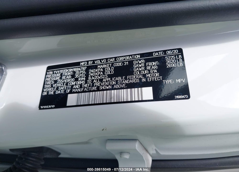 2021 VOLVO XC60 T5 MOMENTUM VIN: YV4102DK8M1684787