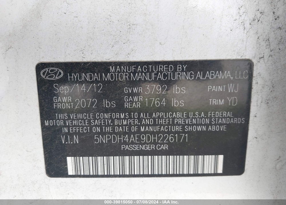 2013 HYUNDAI ELANTRA GLS VIN: 5NPDH4AE9DH226171