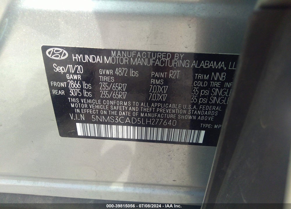 2020 HYUNDAI SANTA FE SEL VIN: 5NMS3CAD5LH277640