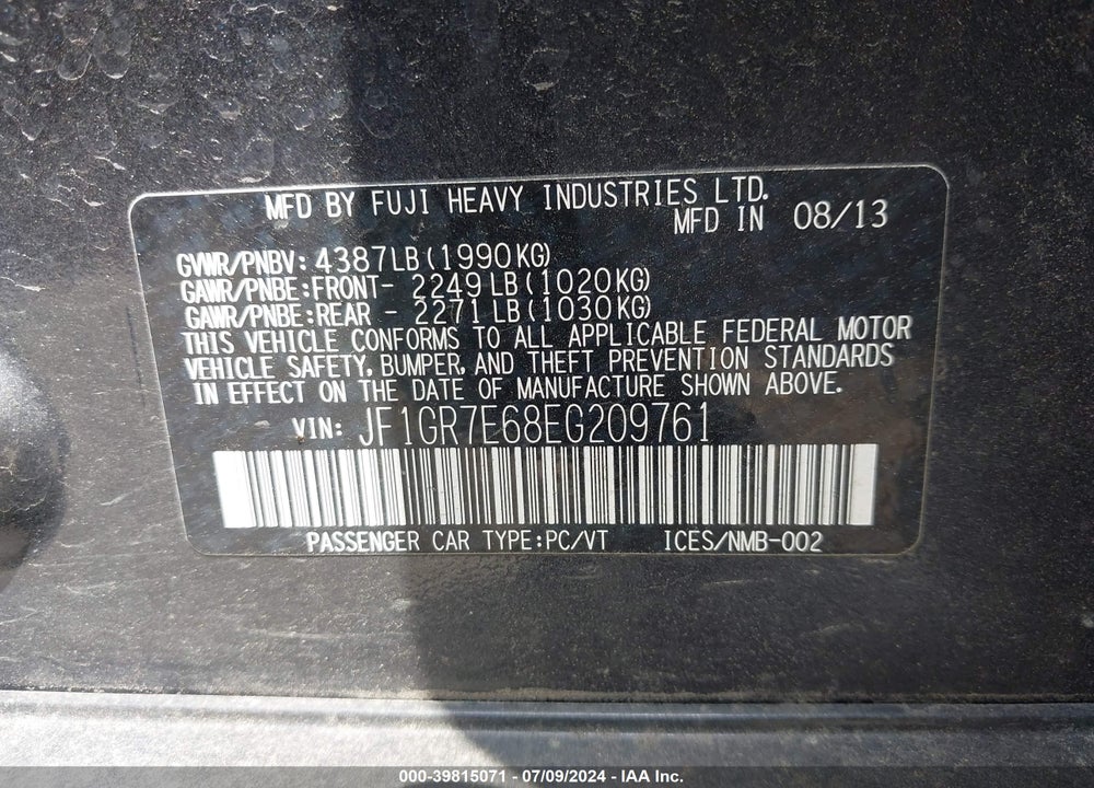 2014 SUBARU IMPREZA WRX PREMIUM VIN: JF1GR7E68EG209761