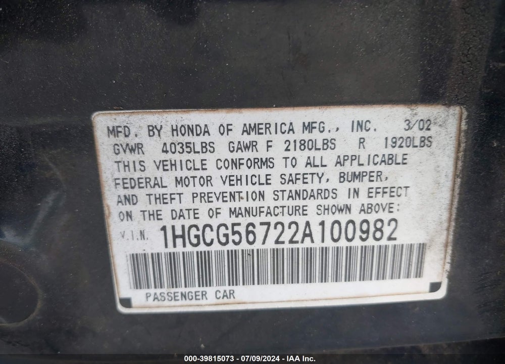 2002 HONDA ACCORD VIN: 1HGCG56722A100982