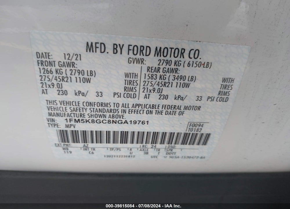2022 FORD EXPLORER ST VIN: 1FM5K8GC8NGA19761