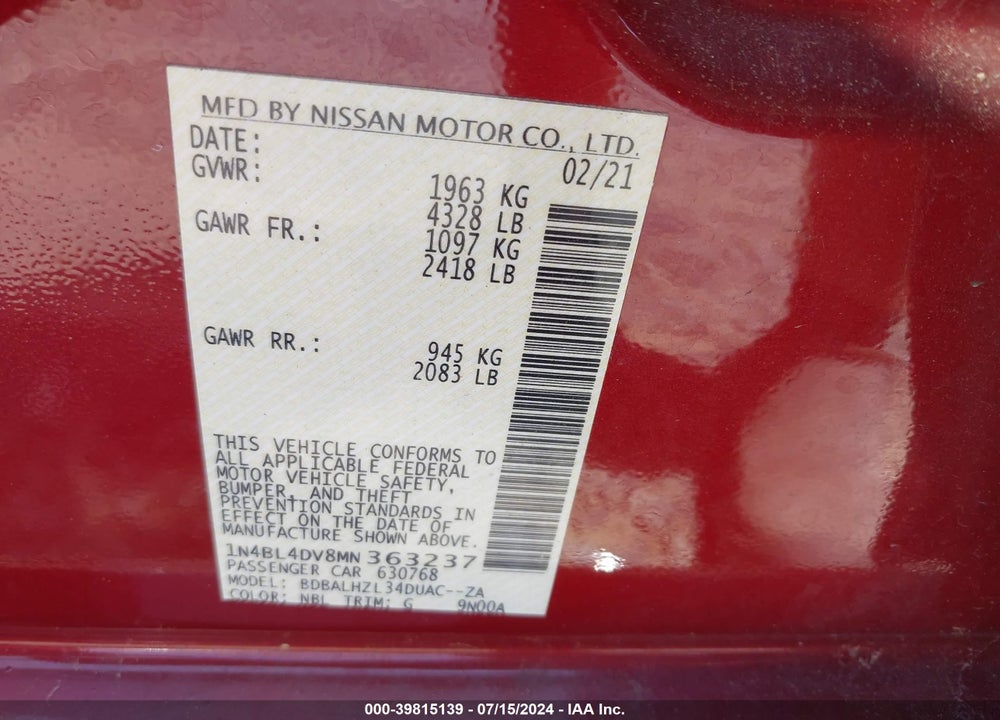 2021 NISSAN ALTIMA SV FWD VIN: 1N4BL4DV8MN363237