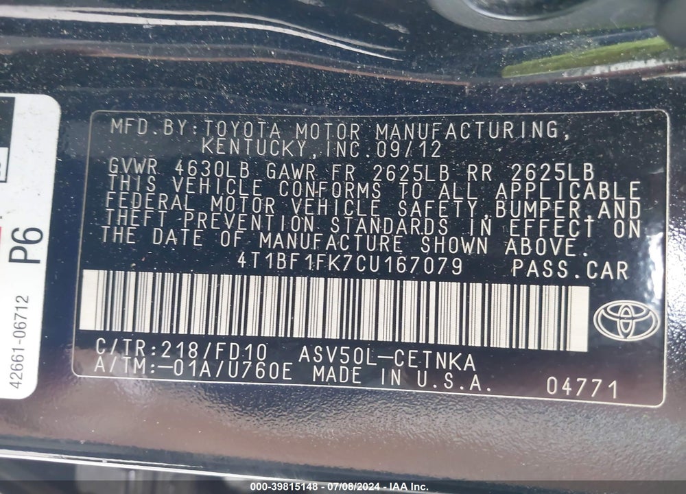 2012 TOYOTA CAMRY LE VIN: 4T1BF1FK7CU167079