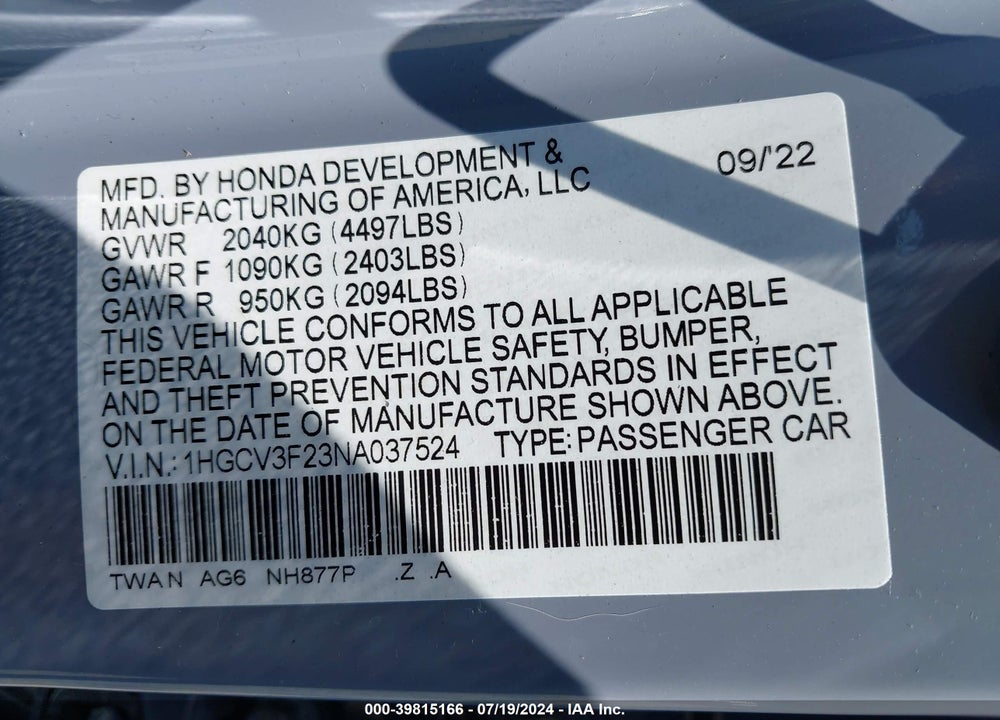 2022 HONDA ACCORD HYBRID SPORT VIN: 1HGCV3F23NA037524
