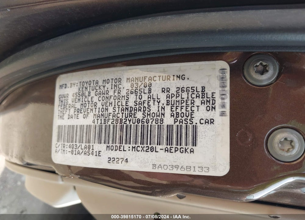 2000 TOYOTA AVALON XLS VIN: 4T1BF28B2YU060788