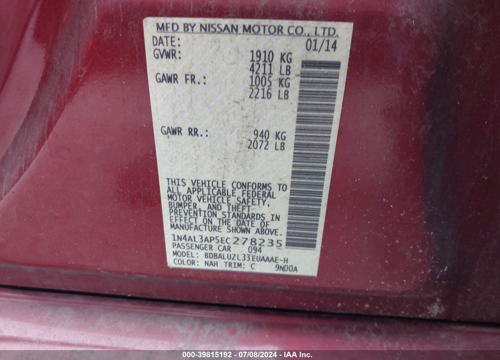 2014 NISSAN ALTIMA 2.5 SV VIN: 1N4AL3AP5EC278235