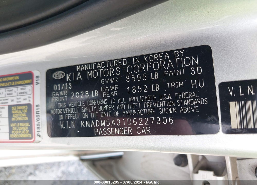 2013 KIA RIO LX VIN: KNADM5A31D6227306
