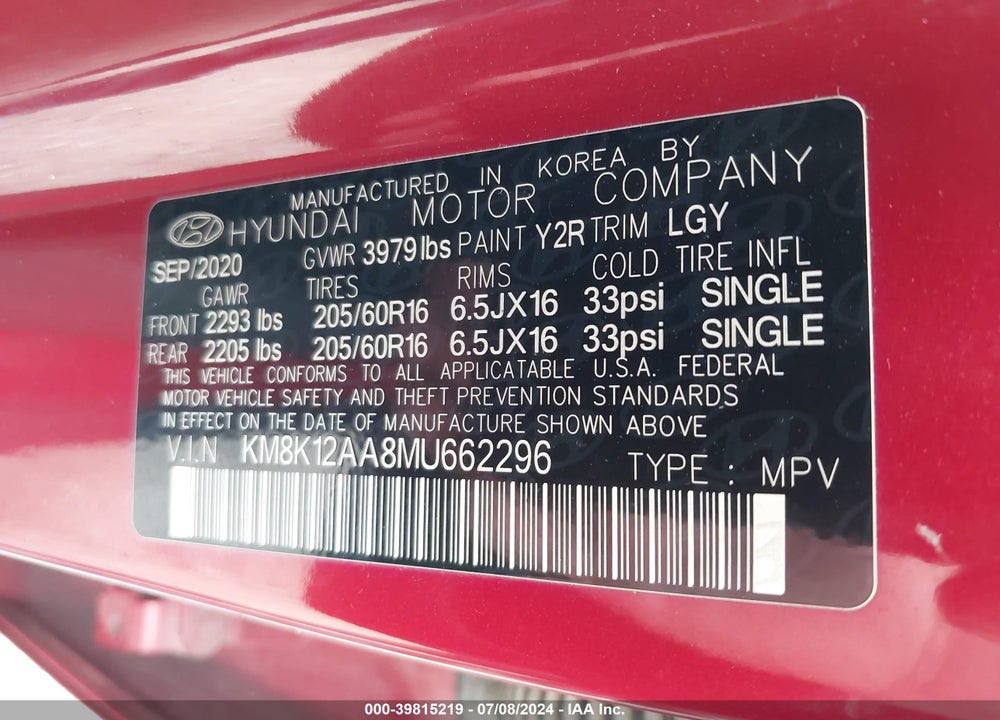 2021 HYUNDAI KONA SE VIN: KM8K12AA8MU662296