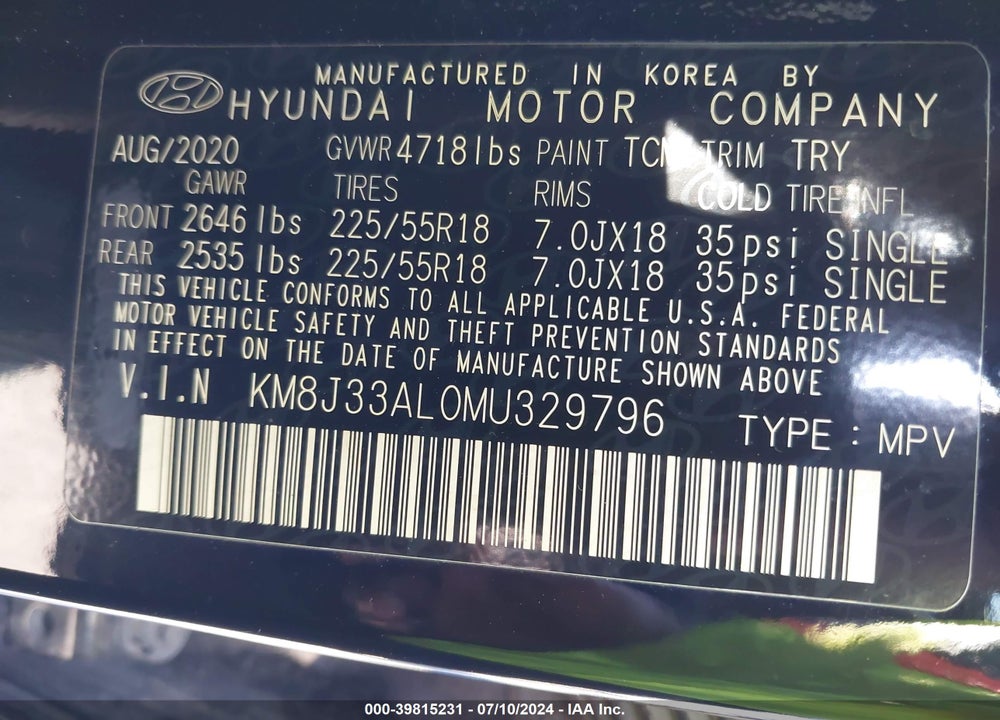 2021 HYUNDAI TUCSON SEL VIN: KM8J33AL0MU329796