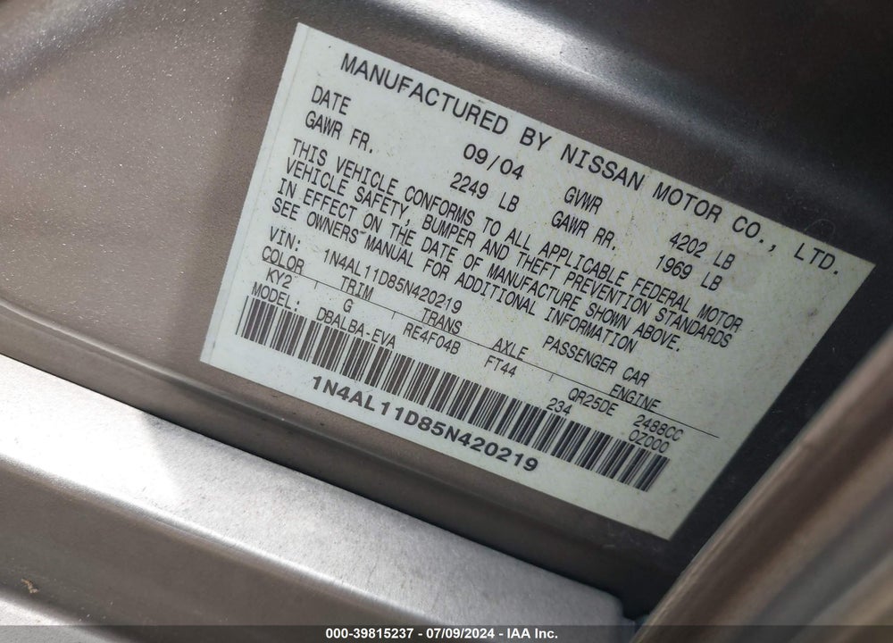 2005 NISSAN ALTIMA 2.5 S VIN: 1N4AL11D85N420219