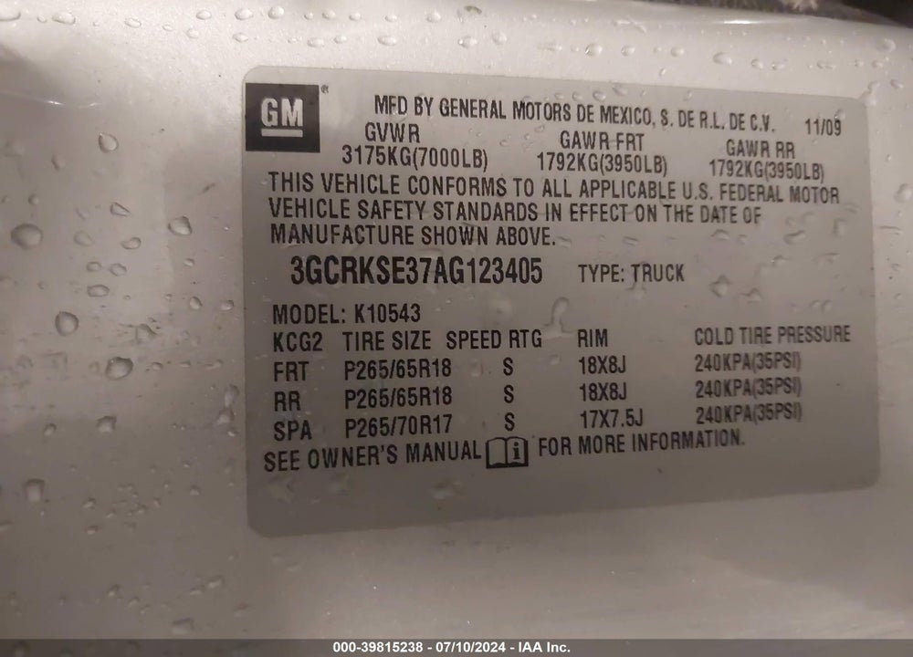 2010 CHEVROLET SILVERADO 1500 LT VIN: 3GCRKSE37AG123405