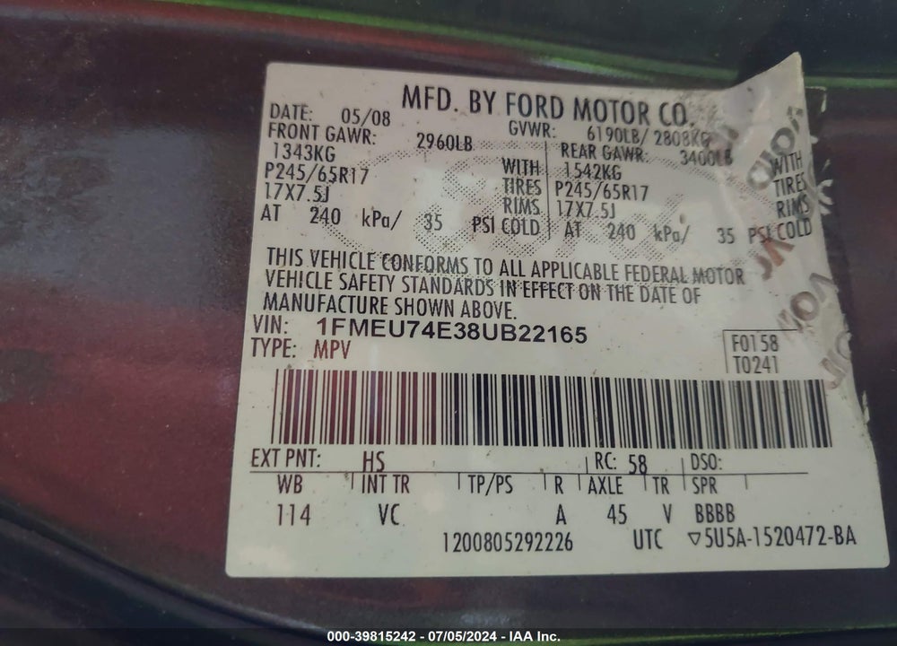 2008 FORD EXPLORER EDDIE BAUER VIN: 1FMEU74E38UB22165