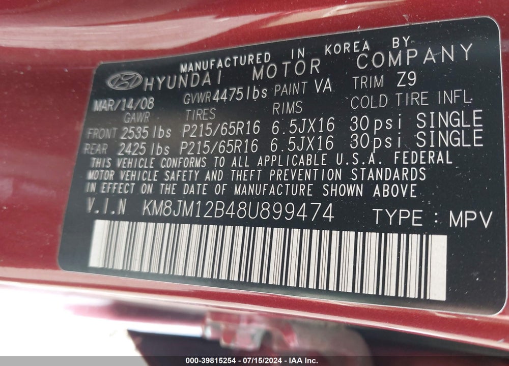 2008 HYUNDAI TUCSON GLS VIN: KM8JM12B48U899474
