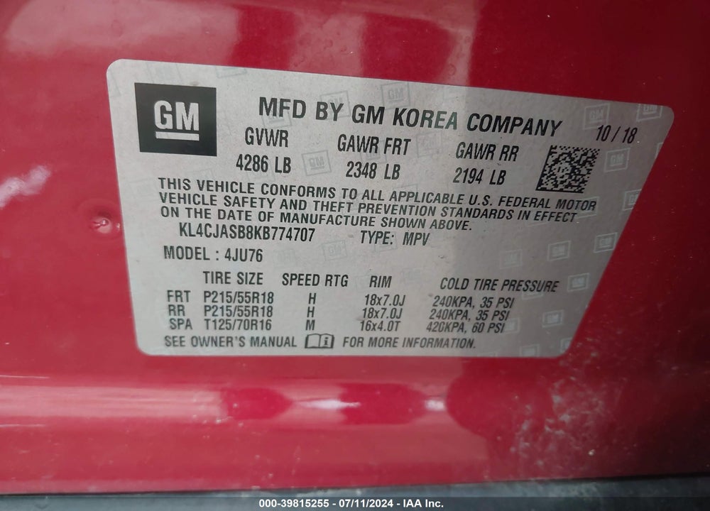 2019 BUICK ENCORE FWD PREFERRED VIN: KL4CJASB8KB774707
