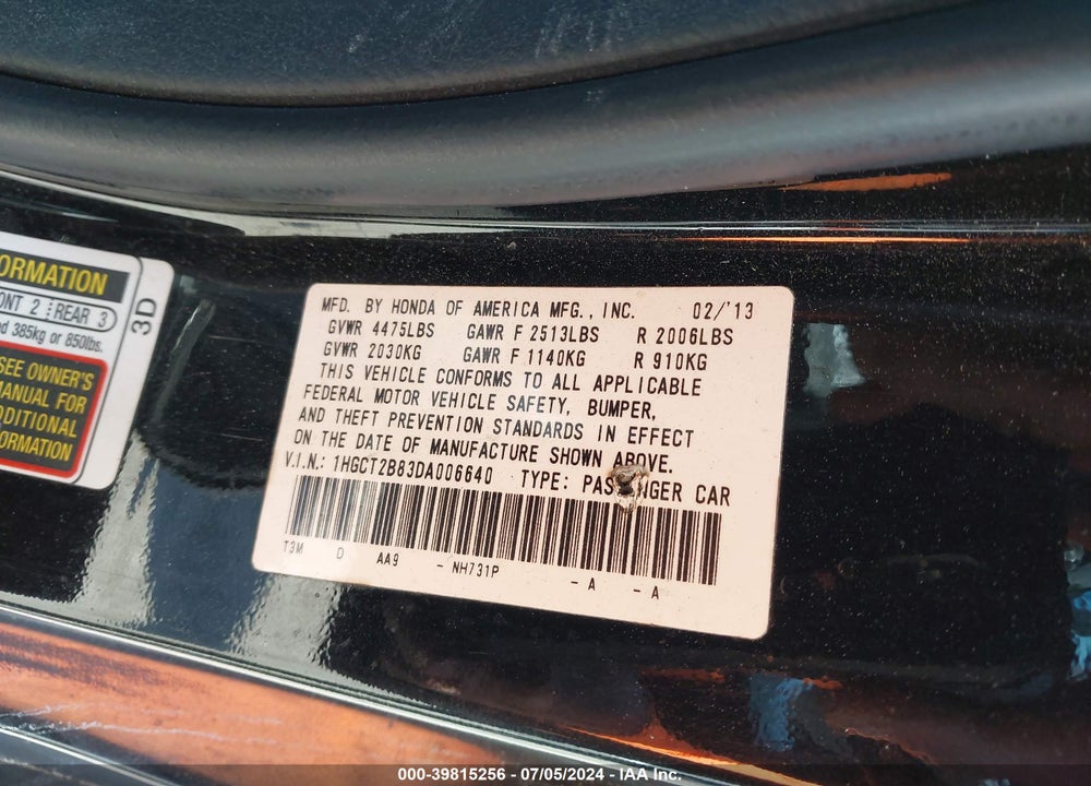 2013 HONDA ACCORD EX-L V-6 VIN: 1HGCT2B83DA006640