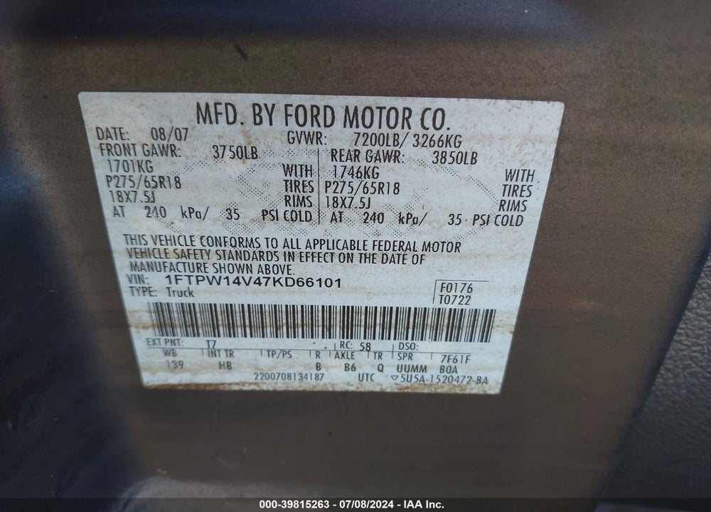 2007 FORD F-150 VIN: 1FTPW14V47KD66101