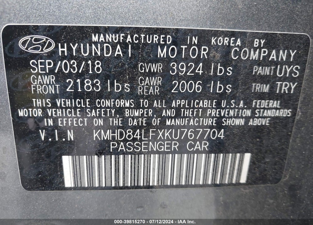 2019 HYUNDAI ELANTRA VALUE EDITION VIN: KMHD84LFXKU767704