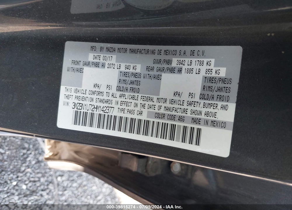 2017 MAZDA 3 SPORT VIN: 3MZBN1U72HM142377