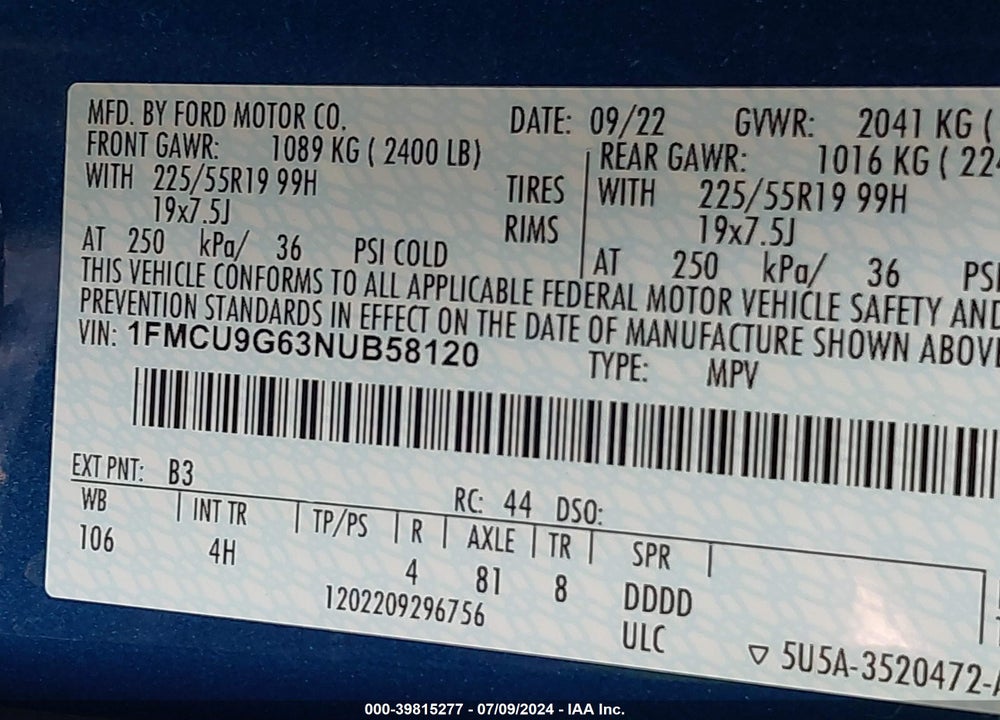 2022 FORD ESCAPE SE VIN: 1FMCU9G63NUB58120